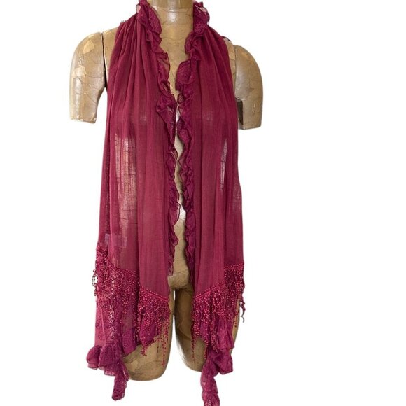 BOHO Artsy Ruffled Lacy Scarf by Coldwater Creek Burgundy Crochet Lace #335C - Picture 4 of 9